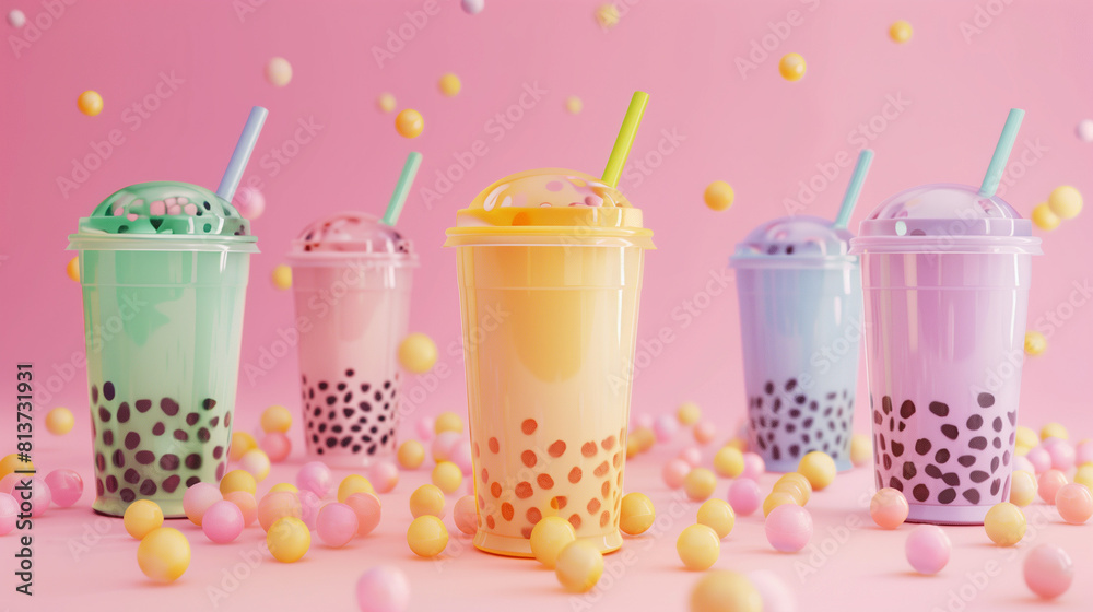 Bubble tea in multi-colored glasses with a straw on a colored background, side view