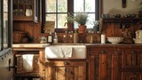 Cozy kitchen interior featuring rustic wooden cabinets and a farmhouse sink, exuding warmth and charm.