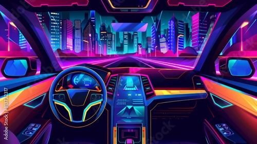 Car driven at night on a road to the city cartoon illustration. Cockpit inside view interior with dashboard modern. Street neon lights in a futuristic downtown architecture. Empty unmanned vehicles