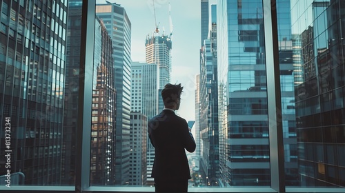 In a modern office, a confident young businessman uses a smartphone, looking out at the skyscrapers of a big city. A successful finance manager planning work for the future.