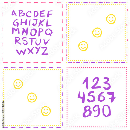 Hand-drawn vector frame. Alphabet from A to Z, smiling emoji. Resources for graphic design, creative pieces for social media. ABC, handwritten typography, numbers and letters.