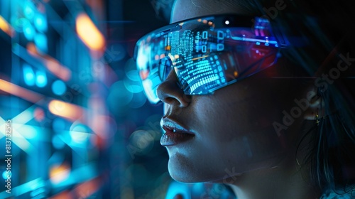 Cyber security concept. Side view of young woman wearing virtual reality goggles while standing against futuristic background.