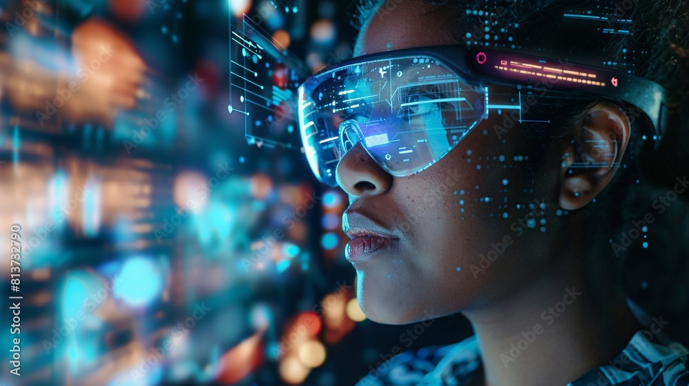 Cyber security concept. Side view of young woman wearing virtual reality goggles while standing against futuristic background. Cyber security concept. Side view of young woman wearing virtual reality goggles while standing against futuristic background.