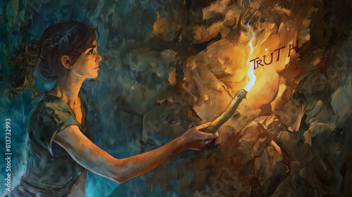 Woman standing in dark cave, holding a torch on fire, illuminating stone wall with light, search for truth. Seek honesty, secret information discovery, find false facts concept