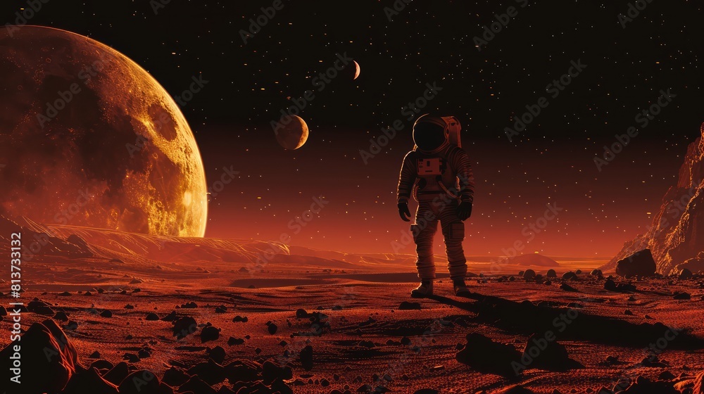 Fototapeta premium A man in a spacesuit stands on a red planet