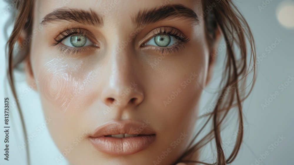 A beautiful Caucasian woman poses, holding her natural, clean skin, touching it with her fingers. Wellness and skincare concept on soft, isolated background. Close up. A beautiful Caucasian woman poses, holding her natural, clean skin, touching it with her fingers. Wellness and skincare concept on soft, isolated background. Close up.