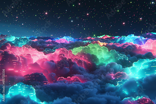 A sprawling digital nebula, composed of clouds of data particles that glow in hues of neon pink, blue, and green photo