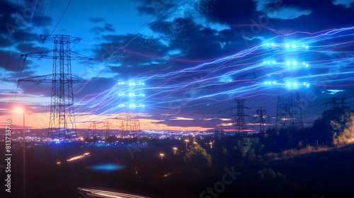 Blue glowing thick cable lines from electricity transformer power line construction on metal power station. High voltage industrial technology, energy production source towers for transmission