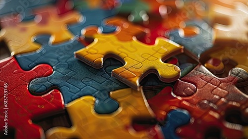 Jigsaw puzzle with missing piece on blue background