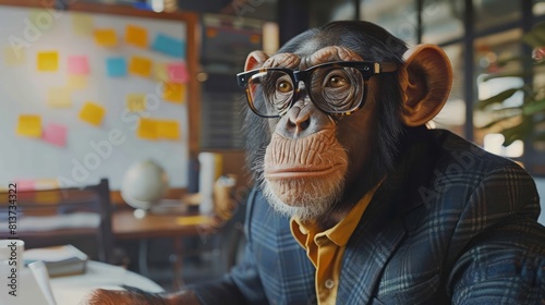 A monkey wearing glasses and a suit is sitting at a desk photo