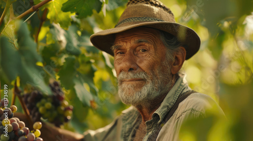 Senior farm worker checking bunch of grapes in vineyard. Winegrower