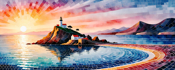 Fototapete Nautischer Stil Mosaik Meereslandschaft im Sonnenuntergang  © DIVGRADCURL