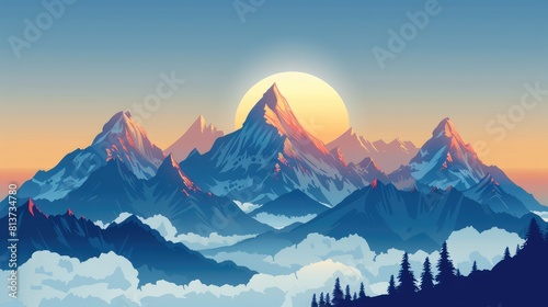 Vector landscape of mountains, sun and blue clouds. photo