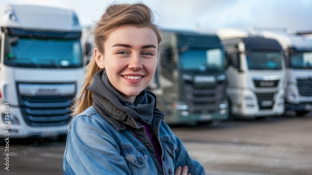 Happy Young Female Truck Driver Leading a Fleet of Trucks Happy Young Female Truck Driver Leading a Fleet of Trucks