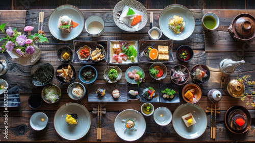 a depiction of a kaiseki (multi-course) meal served on lacquered trays arranged on a wooden table, showcasing an array of meticulously prepared dishes representing the seasons  photo