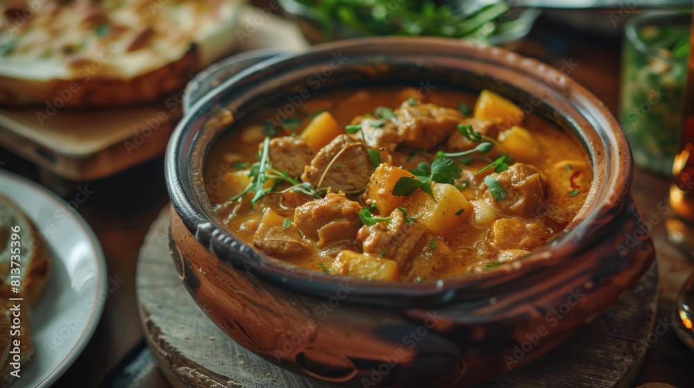 a scene of a bowl of creamy Massaman Curry served in a clay pot on a wooden table, filled with tender chunks of beef or chicken, potatoes, and peanuts, simmered in a rich and aromatic curry sauce. a scene of a bowl of creamy Massaman Curry served in a clay pot on a wooden table, filled with tender chunks of beef or chicken, potatoes, and peanuts, simmered in a rich and aromatic curry sauce.