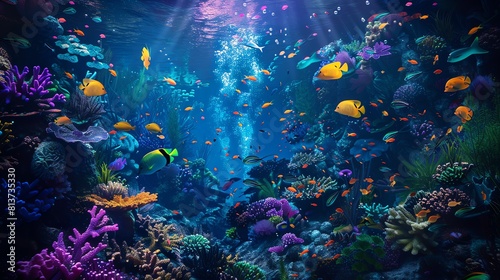 Underwater world. Tropical fishes swim near a coral reef in the ocean. A beautiful seascape with bright colors. photo