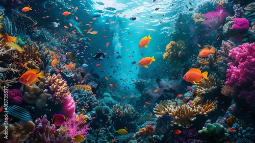 Underwater view of a coral reef with many colorful fish.