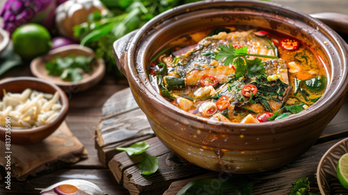 a bowl of Gaeng Som (Thai sour curry) served in a clay pot on a wooden table, filled with tangy tamarind broth, fish, vegetables, and aromatic herbs, offering a refreshing photo