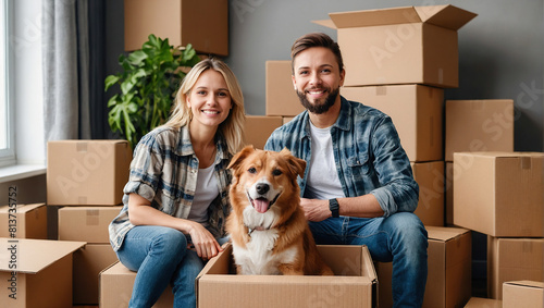 Family with pets moving to new home. Stack of cardboard boxes and dog sitting near cardboard box. Relocation, renovation, delivery service, donation concept