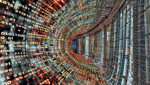 A surreal digital corridor with intricate data patterns  binary code streams  and a skewed industrial cityscape  symbolizing the convergence of technology and infrastructure.