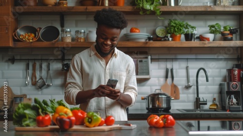 Man Using Smartphone in Kitchen photo