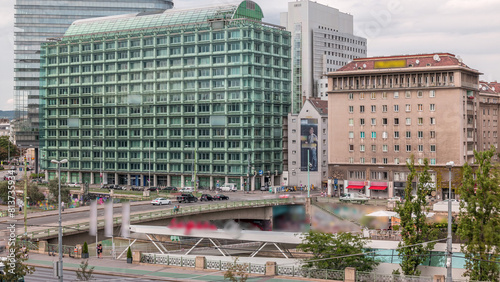 The Schwedenplatz is a square in central Vienna, located at the Danube Canal aerial timelapse photo