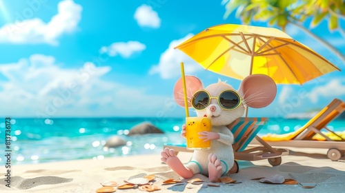 Mouse in summer attire sips cocktail on lavish cruise ship for a relaxing experience © Ilja