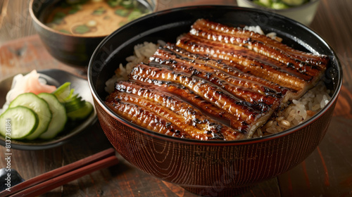 a donburi (rice bowl) topped with slices of grilled eel (unagi) served in a lacquered bowl on a wooden table, with a side of pickles and miso soup, representing a classic Japanese comfort food.