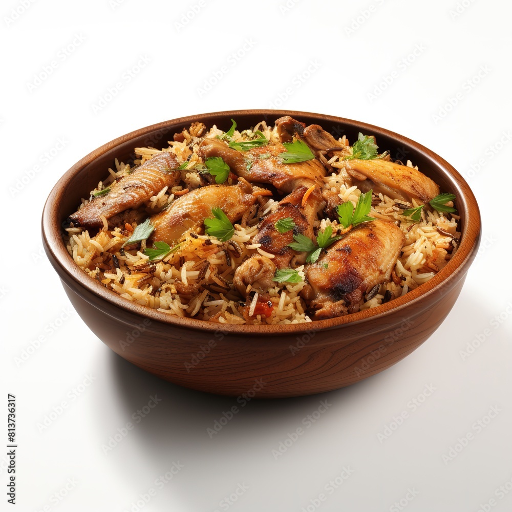Chicken Biriyani in the bowl Realistic white background 