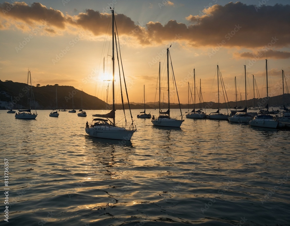 A tranquil bay dotted with sailboats at anchor, their masts silhouetted against the golden light of sunset