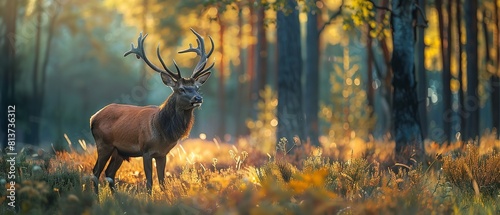 A portrait of deer among woods with a big blurry backdrop with big space for text or product advertisement purpose, Generative AI.