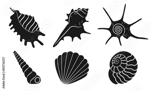 Set of isolated on white background black various sea shells of different shapes and kinds. Silhouette, outline, for icons, logo. Vector illustration EPS10	
 