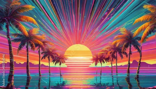 Sunsrise on the beach with 80s Retro Neon gradient background. Palms and sun, glitch effect