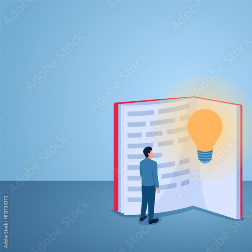 A man opens a book and sees a lamp of ideas burning inside, an illustration for knowledge.