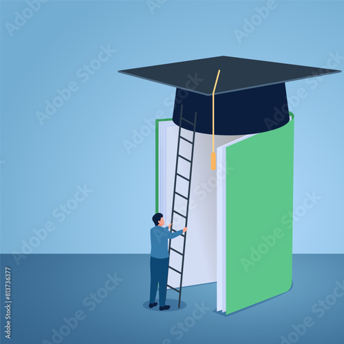 A man opens a book and puts a ladder to a graduation cap on it, illustration for knowledge.