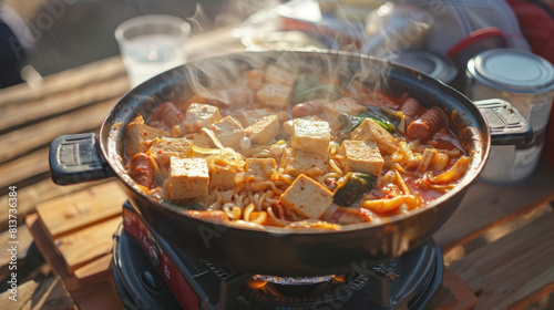 a pot of budae jjigae (army stew) simmering on a portable stove set on a wooden table, filled with a hearty combination of spam, hot dogs, instant noodles, 