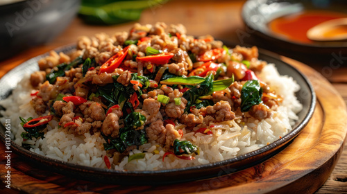 a sizzling plate of Pad Krapow Moo (Thai basil pork stir-fry) served on a wooden platter, featuring minced pork cooked with Thai holy basil, garlic, chili peppers, and fish sauce