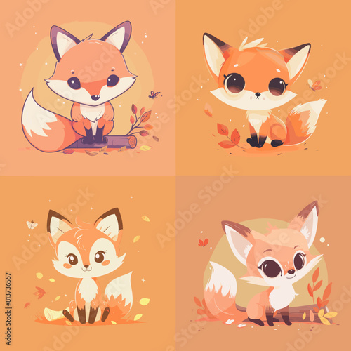 Set of cute cartoon fox illustrations with autumn elements, big eyes, and soft pastel colors. Perfect for nursery art, kids’ books, stickers, and woodland animal themes.