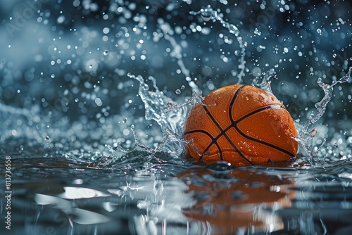 A basketball ball is partially submerged in water, creating splashes around it © Ilia Nesolenyi