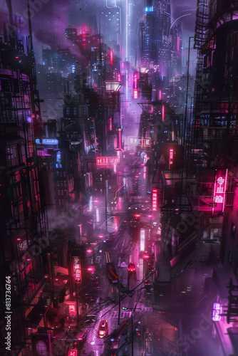 Sci fi cyberpunk modern city in neon lights 