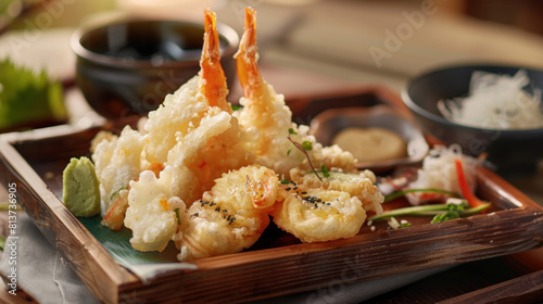 a tempura platter displayed on a wooden serving tray, with an assortment of crispy battered seafood and vegetables, accompanied by tentsuyu dipping sauce and grated daikon. photo