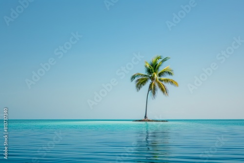 Palm tree standing on a small island in the vast ocean, surrounded by blue water and clear skies