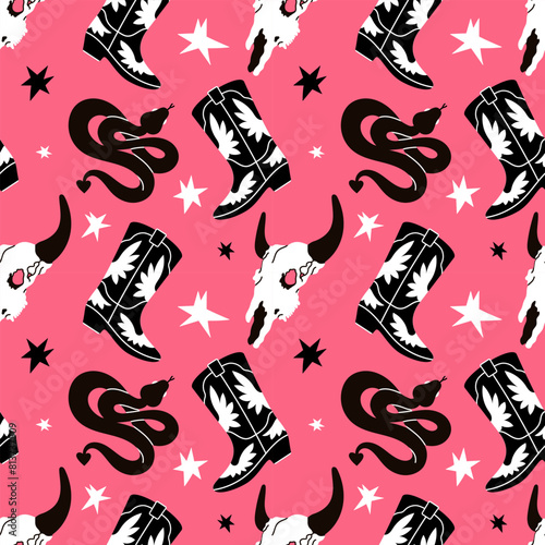 Cowboy western boho pink color vector pattern. Different assets snake, cowgirl boots, bull skull, stars