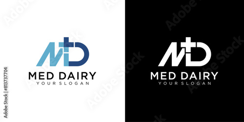 MD letter medicine Logo Design Vector Template. Abstract Alphabet MD with cross logo Illustration