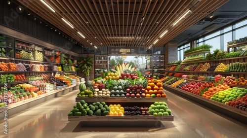 A large produce section of a grocery store with a variety of fruits