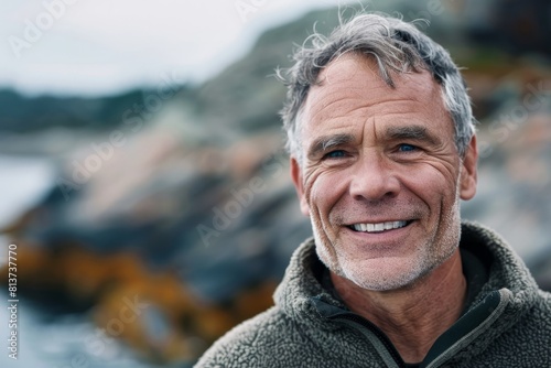 An older man with a smile, wearing a cozy pullover, standing in front of the ocean