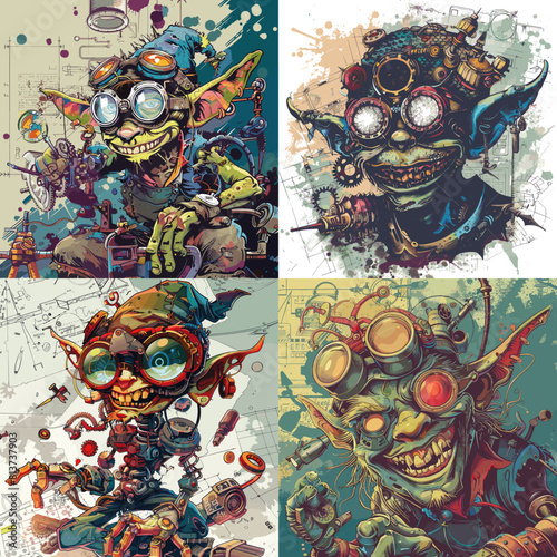 Set of colorful steampunk goblin illustrations with crazy expressions, goggles, and mechanical elements. Ideal for fantasy, comic, gaming, or sci-fi themed projects.