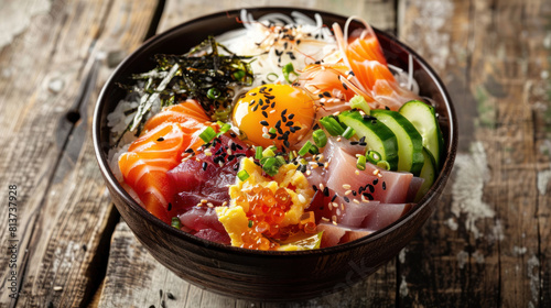 an image of a chirashi sushi bowl on a wooden surface, featuring an assortment of seafood sashimi scattered over sushi rice, garnished with shredded egg, cucumber, and nori strips.