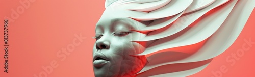 Sculpture of a woman with a red background. Hairdressing concept . Banner